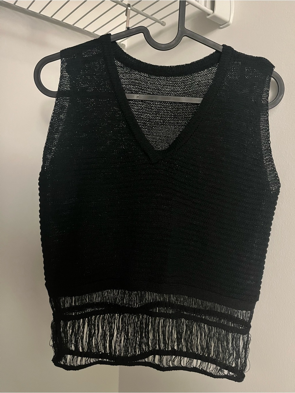 Black Sheer Knit Sleeveless Top with Fringe
